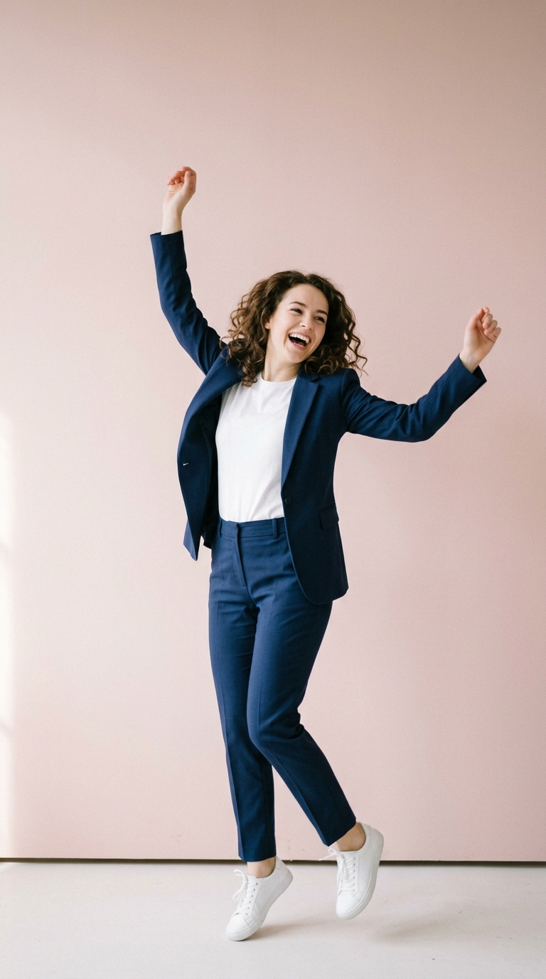 A smiling model mid-jump with arms raised, wearing a navy tailored suit over a white tee with white sneakers, against a soft blush backdrop.