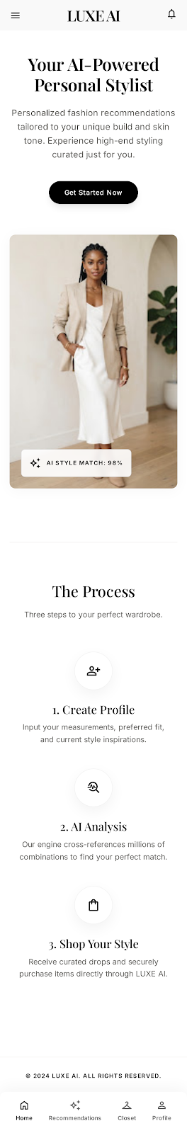 The LUXE AI mobile app showing the hero screen, a 98% AI style match on a curated outfit, and the three-step styling process.